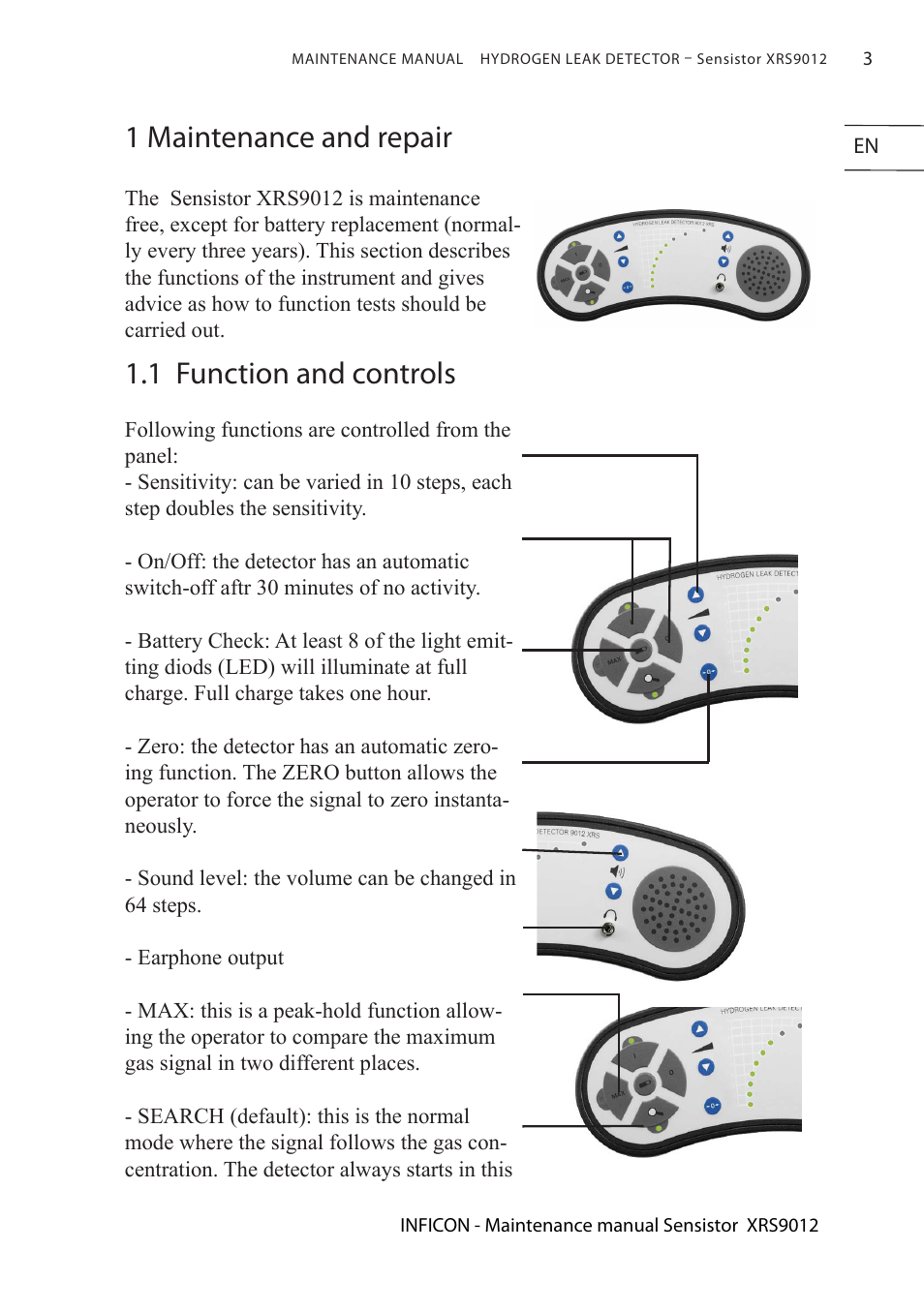 1 maintenance and repair, 1 function and controls | INFICON Sensistor XRS9012 Hydrogen Leak Detector Maintenance manual User Manual | Page 3 / 14