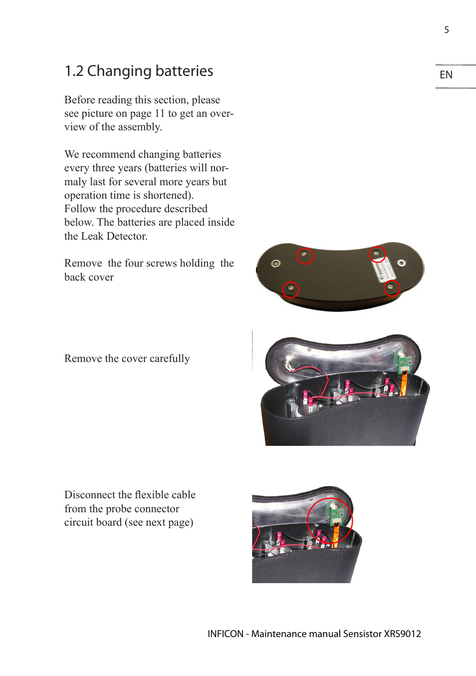 2 changing batteries | INFICON Sensistor XRS9012 Hydrogen Leak Detector Maintenance manual User Manual | Page 5 / 14