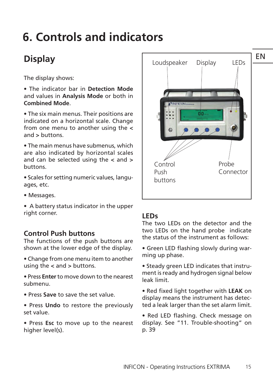 Controls and indicators, Display | INFICON Extrima Ex-certified Hydrogen Leak Detector User Manual | Page 15 / 62