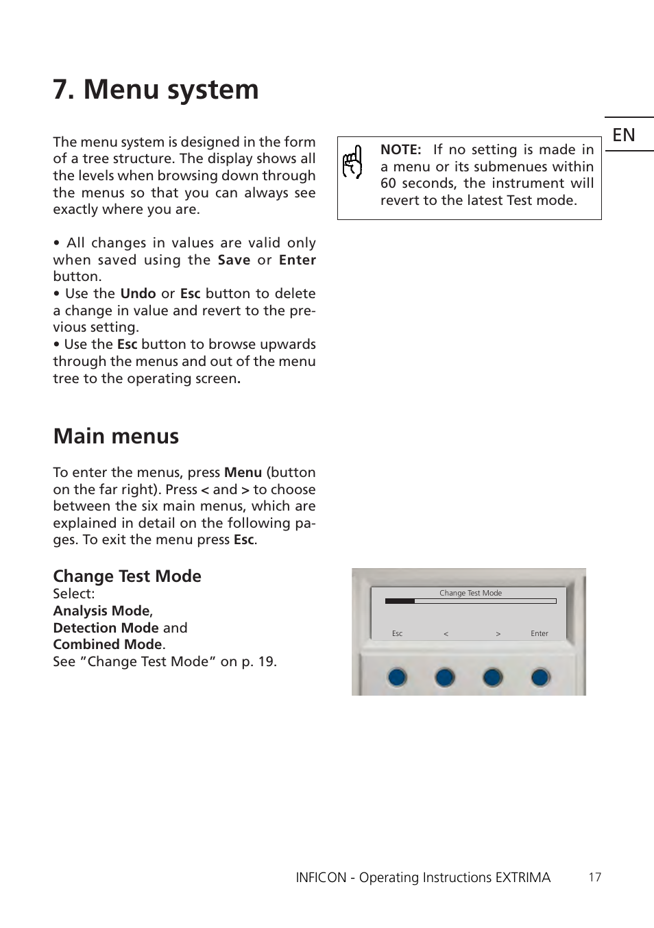 Menu system, Main menus | INFICON Extrima Ex-certified Hydrogen Leak Detector User Manual | Page 17 / 62