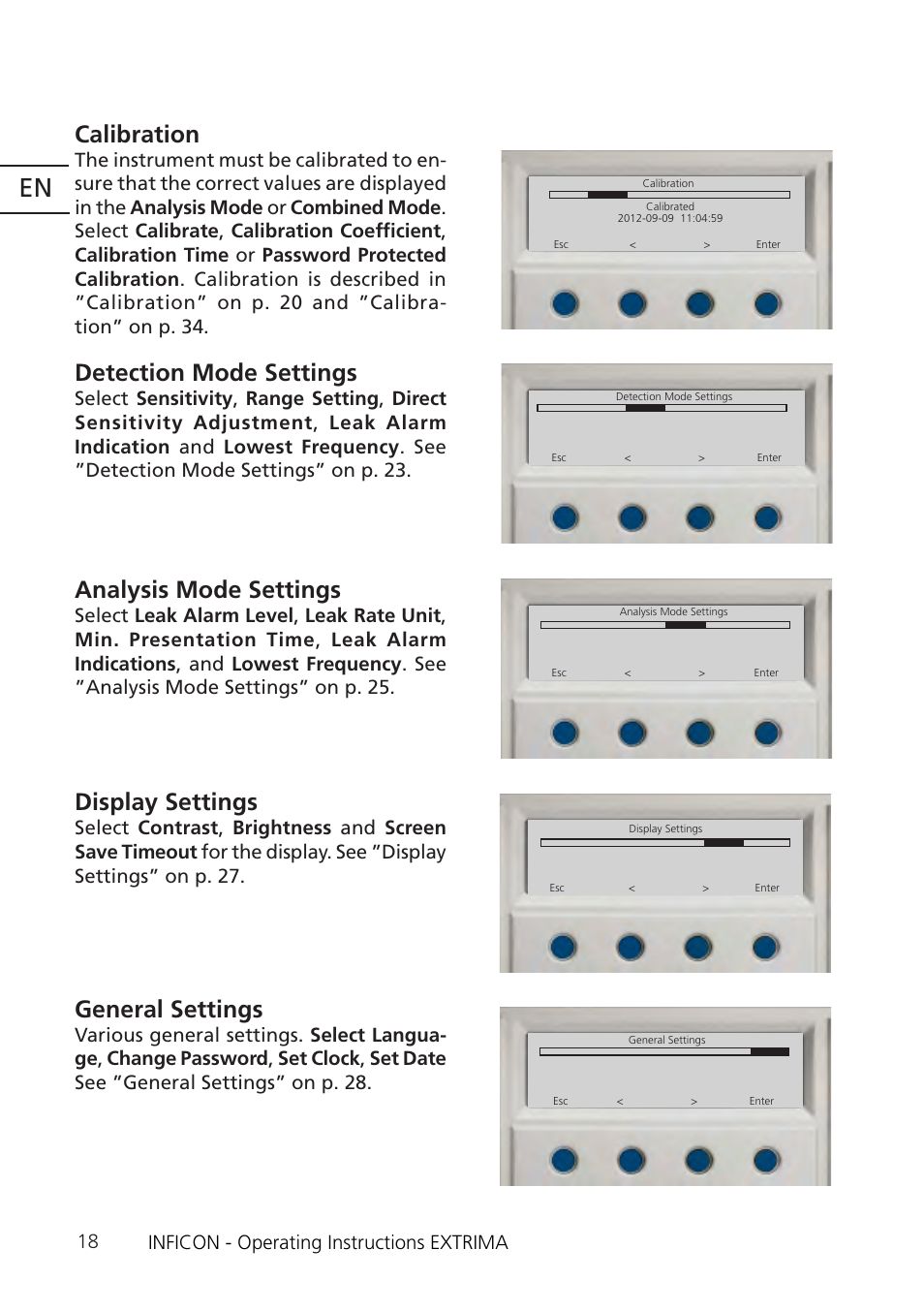 Calibration, Detection mode settings, Analysis mode settings | Display settings, General settings | INFICON Extrima Ex-certified Hydrogen Leak Detector User Manual | Page 18 / 62