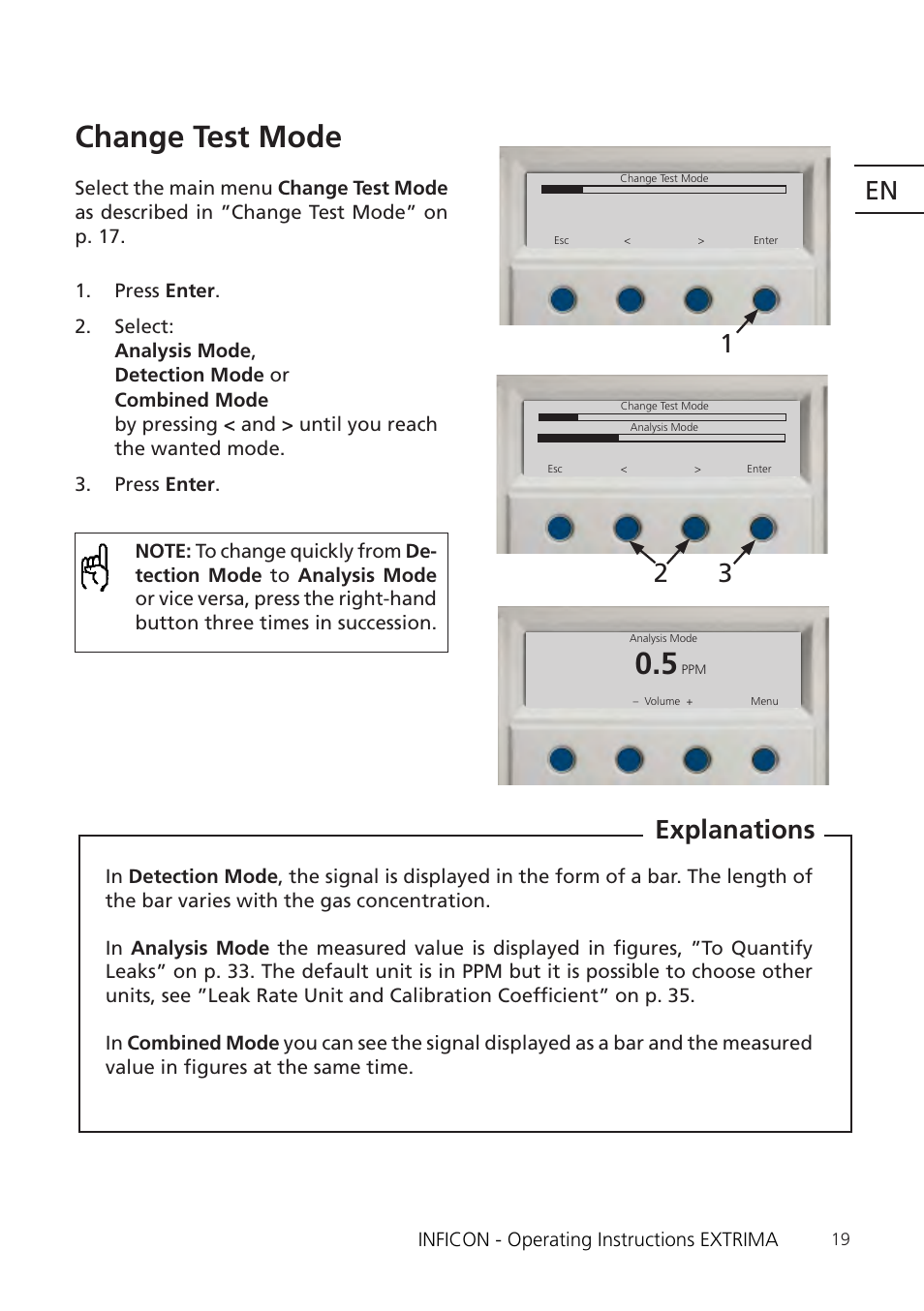 Change test mode, 3explanations | INFICON Extrima Ex-certified Hydrogen Leak Detector User Manual | Page 19 / 62