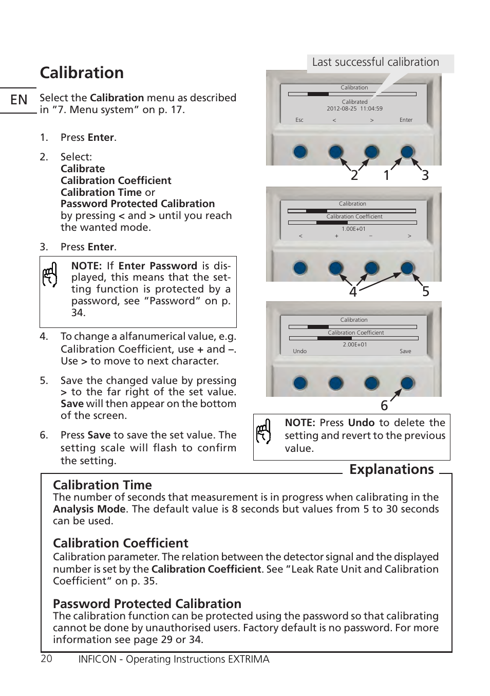 Calibration” on p. 20, Calibration, Explanations 5 | Calibration time, Calibration coefficient, Password protected calibration | INFICON Extrima Ex-certified Hydrogen Leak Detector User Manual | Page 20 / 62