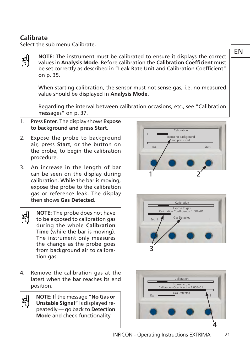 Calibrate | INFICON Extrima Ex-certified Hydrogen Leak Detector User Manual | Page 21 / 62