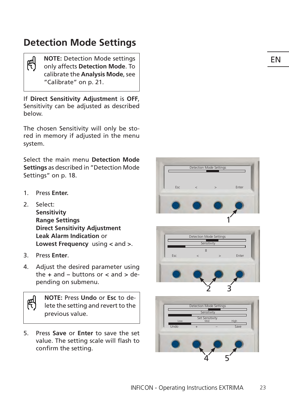 Detection mode settings” on p. 23, Detection mode settings | INFICON Extrima Ex-certified Hydrogen Leak Detector User Manual | Page 23 / 62