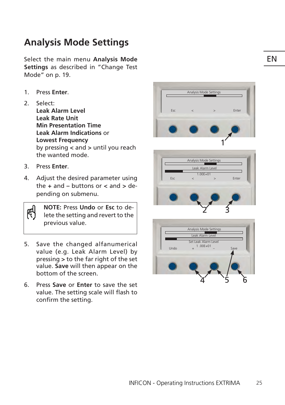 Analysis mode settings” on p. 25, Analysis mode settings | INFICON Extrima Ex-certified Hydrogen Leak Detector User Manual | Page 25 / 62