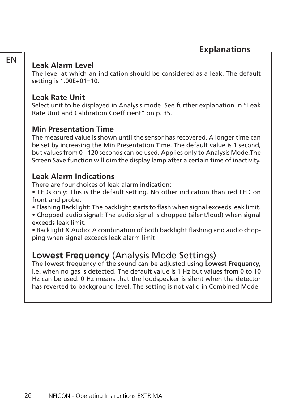 Lowest frequency (analysis mode settings), Explanations | INFICON Extrima Ex-certified Hydrogen Leak Detector User Manual | Page 26 / 62