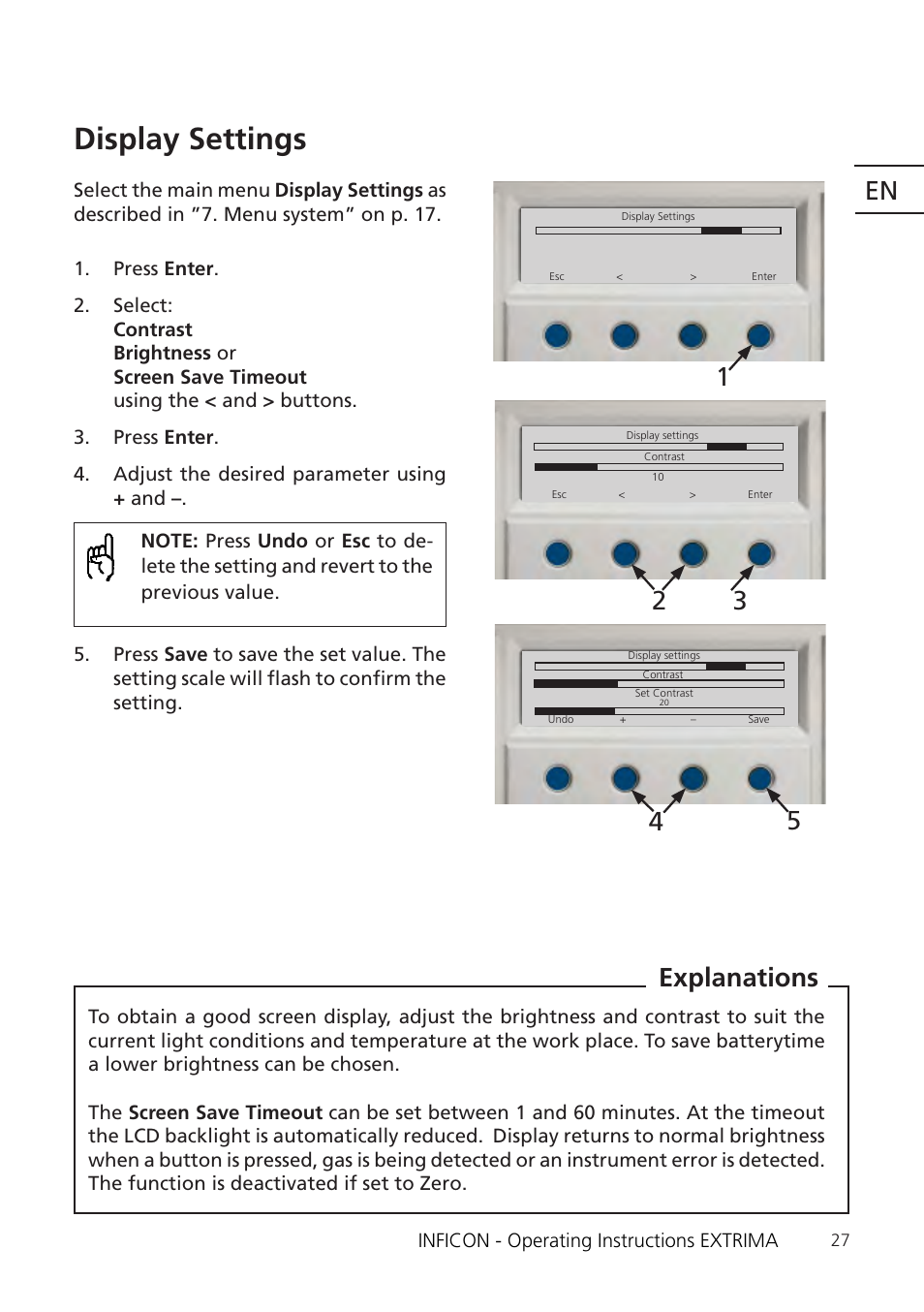 See ”display settings” on p. 27, Display settings, Explanations | INFICON Extrima Ex-certified Hydrogen Leak Detector User Manual | Page 27 / 62