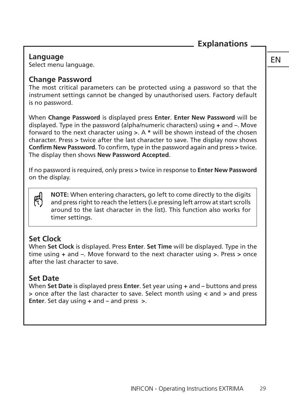 Change, Password” on p. 29 and ”pass, Explanations | INFICON Extrima Ex-certified Hydrogen Leak Detector User Manual | Page 29 / 62