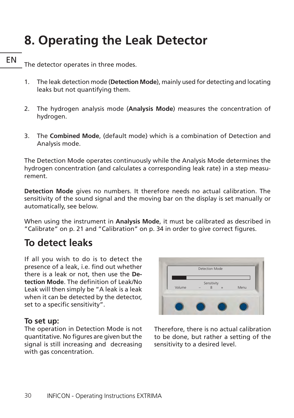 Operating the leak detector | INFICON Extrima Ex-certified Hydrogen Leak Detector User Manual | Page 30 / 62