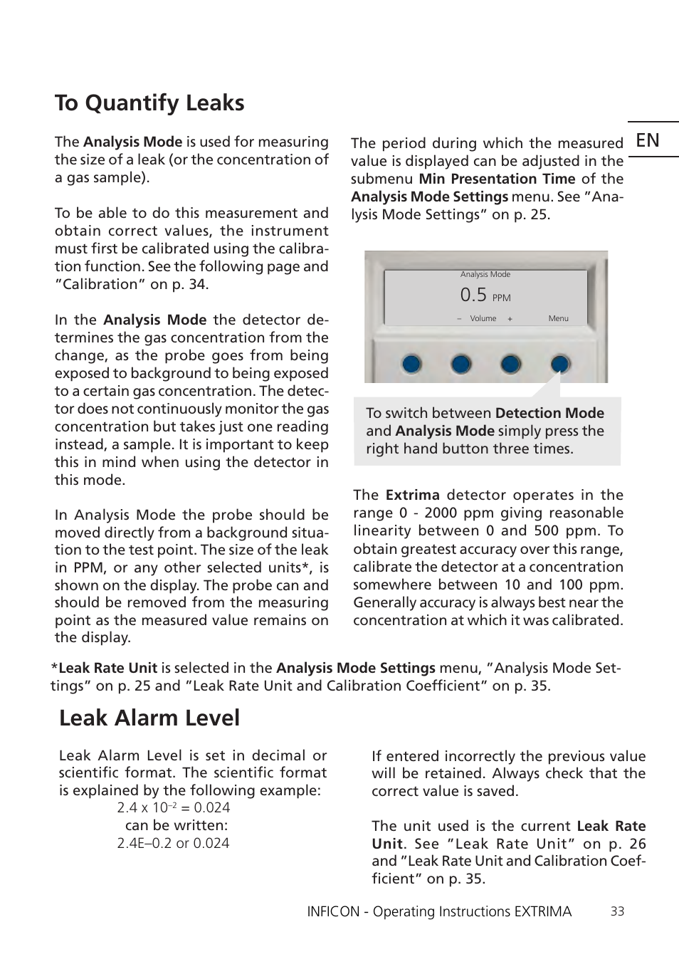 Leak alarm level | INFICON Extrima Ex-certified Hydrogen Leak Detector User Manual | Page 33 / 62