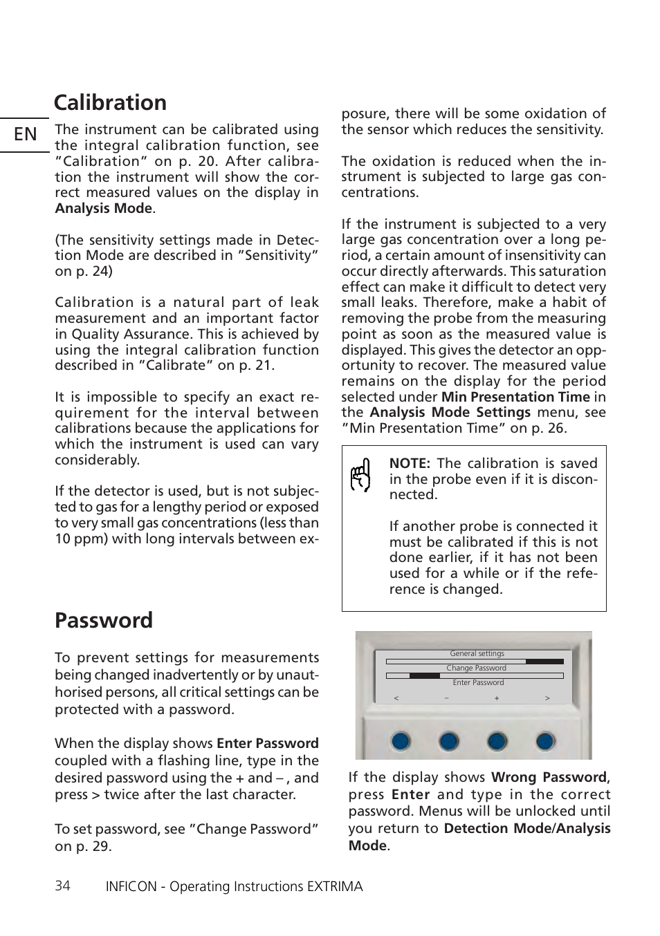Calibra- tion” on p. 34, Password, see ”password” on p, Word” on p. 34 | Calibration” on p. 34, Password, Calibration | INFICON Extrima Ex-certified Hydrogen Leak Detector User Manual | Page 34 / 62