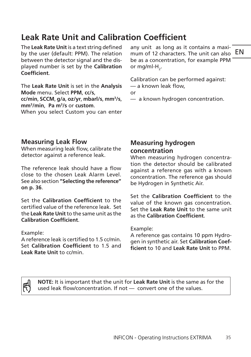 Leak rate unit and calibration, Coefficient” on p. 35, Ficient” on p. 35 | Leak rate unit and calibration coefficient, Measuring hydrogen concentration, Measuring leak flow | INFICON Extrima Ex-certified Hydrogen Leak Detector User Manual | Page 35 / 62