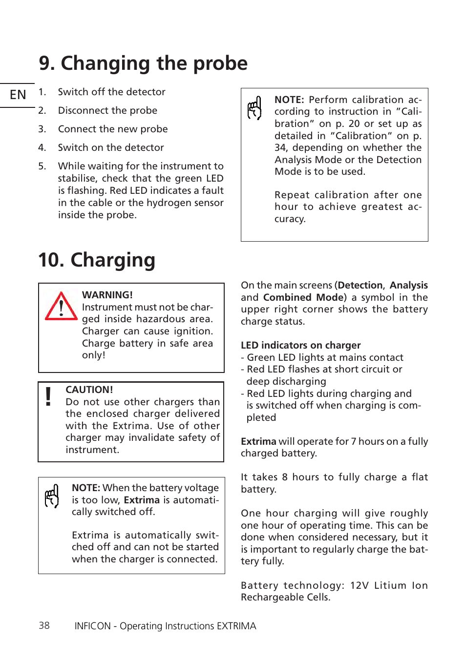 Changing the probe, Charging | INFICON Extrima Ex-certified Hydrogen Leak Detector User Manual | Page 38 / 62