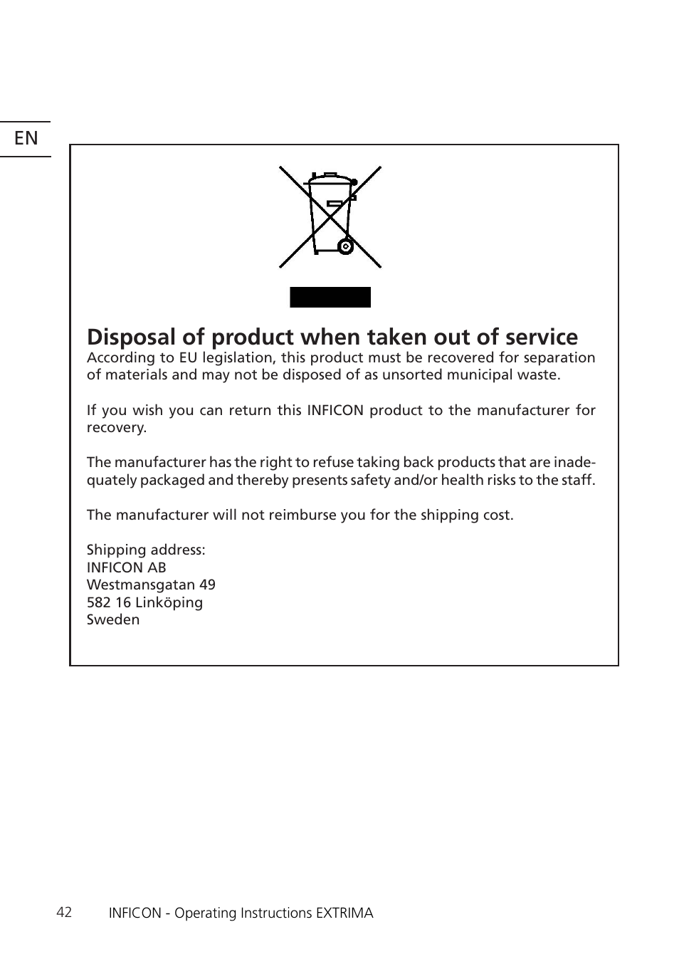 Disposal of product when taken out of service | INFICON Extrima Ex-certified Hydrogen Leak Detector User Manual | Page 42 / 62