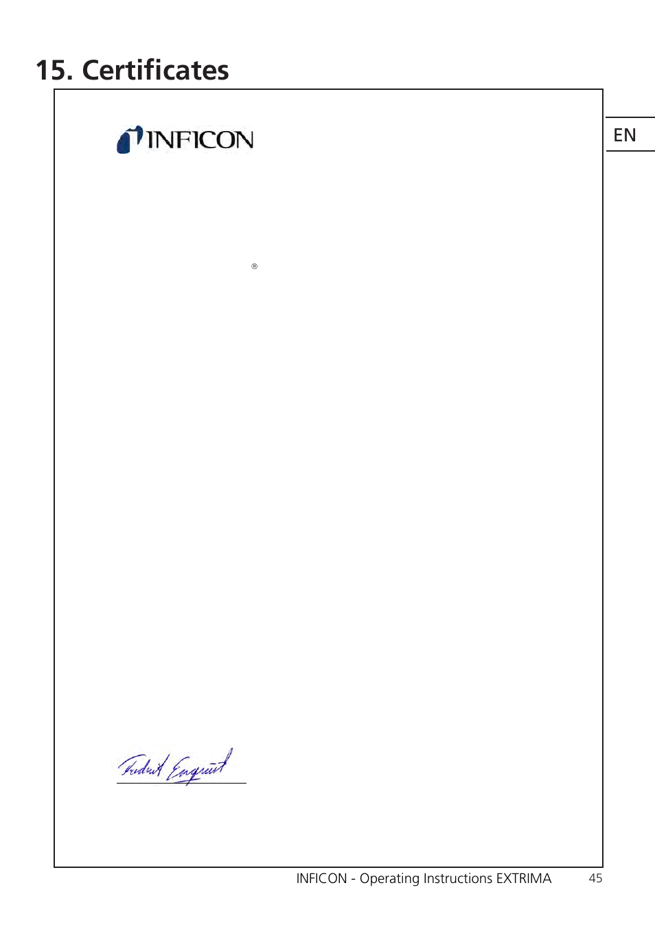 Certificates, Ce declaration of conformity, Inficon - operating instructions extrima | INFICON Extrima Ex-certified Hydrogen Leak Detector User Manual | Page 45 / 62