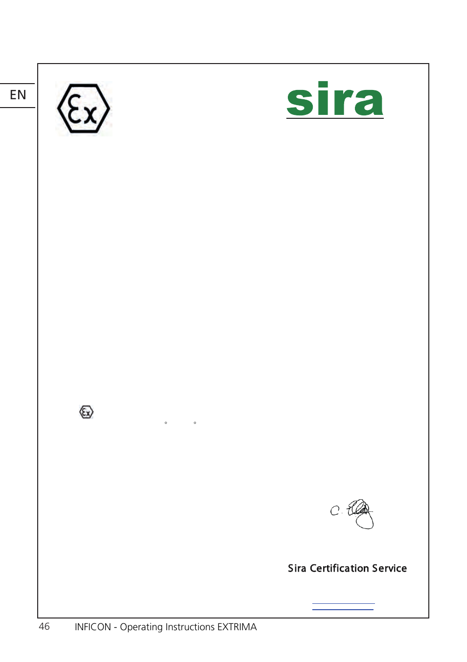 Sira certification service, Inficon - operating instructions extrima | INFICON Extrima Ex-certified Hydrogen Leak Detector User Manual | Page 46 / 62