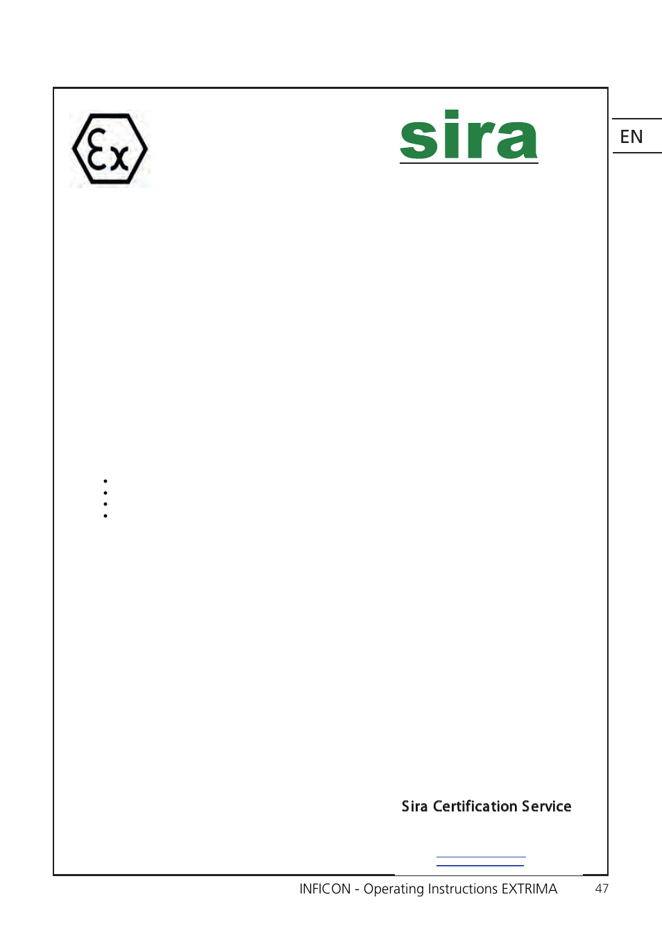 Sira certification service, Inficon - operating instructions extrima | INFICON Extrima Ex-certified Hydrogen Leak Detector User Manual | Page 47 / 62