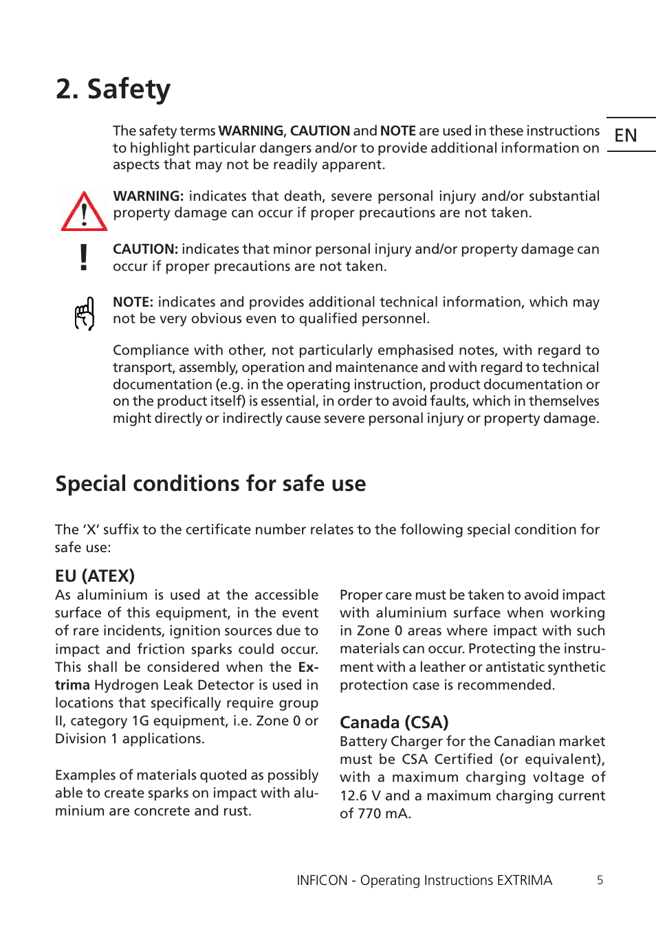 Safety, Special conditions for safe use | INFICON Extrima Ex-certified Hydrogen Leak Detector User Manual | Page 5 / 62