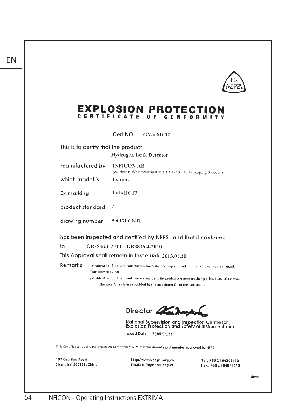 INFICON Extrima Ex-certified Hydrogen Leak Detector User Manual | Page 54 / 62