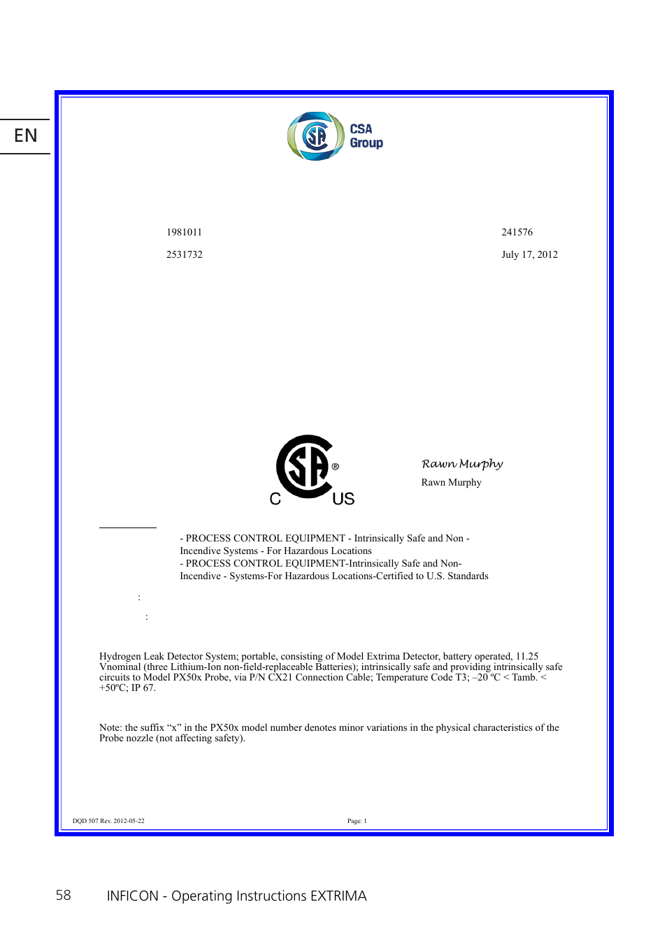 Certificate of compliance, Inficon - operating instructions extrima | INFICON Extrima Ex-certified Hydrogen Leak Detector User Manual | Page 58 / 62