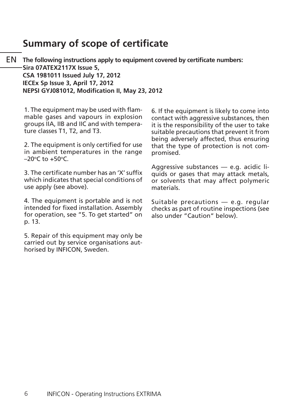 Summary of scope of certificate | INFICON Extrima Ex-certified Hydrogen Leak Detector User Manual | Page 6 / 62