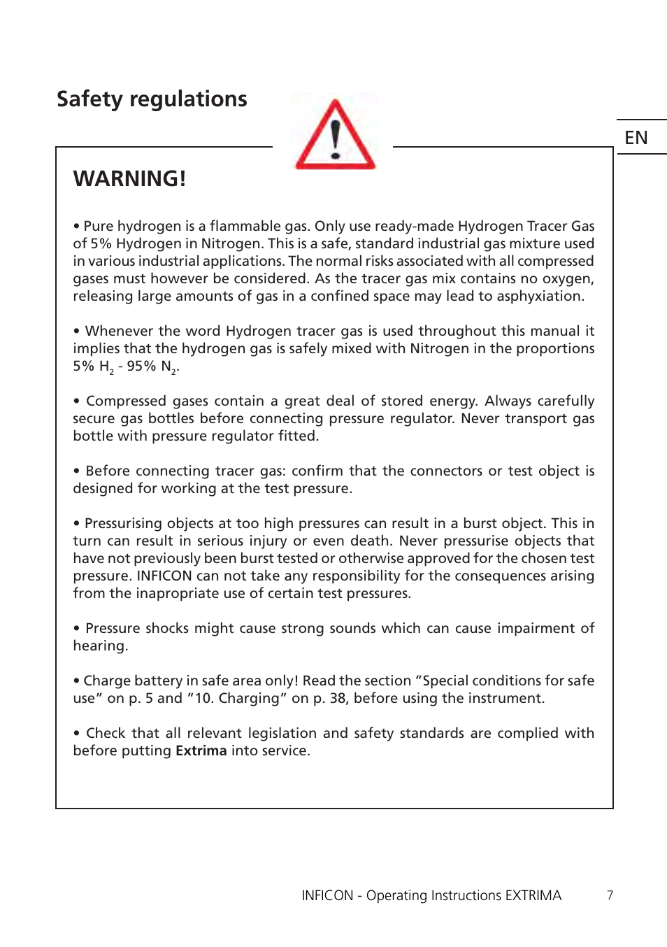 Warning, Safety regulations | INFICON Extrima Ex-certified Hydrogen Leak Detector User Manual | Page 7 / 62