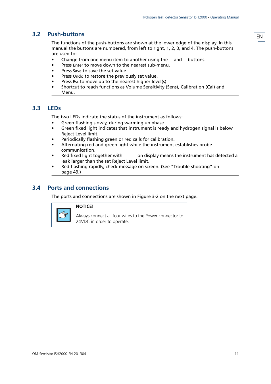 2 push-buttons, 3 leds, 4 ports and connections | Push-buttons, Leds, Ports and connections | INFICON Sensistor ISH2000 Hydrogen Leak Detector User Manual | Page 11 / 58