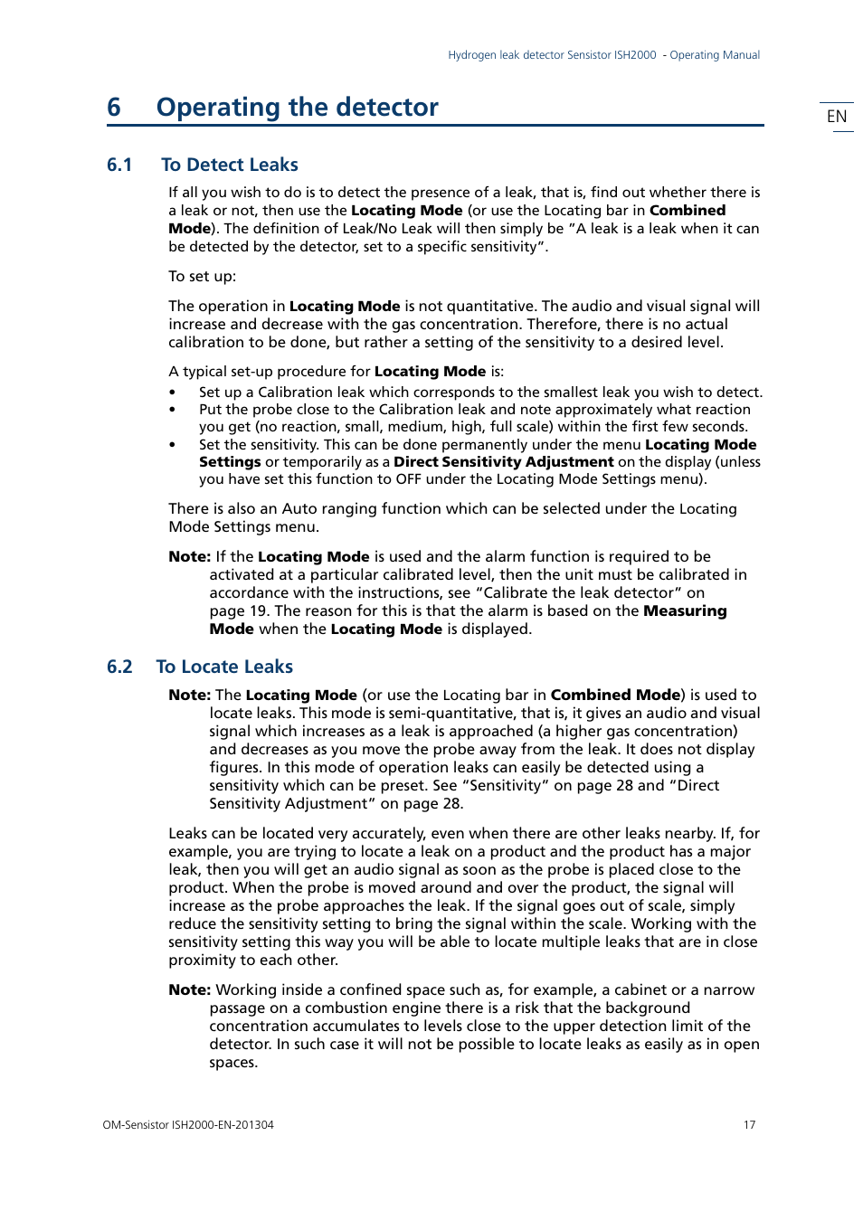6 operating the detector, 1 to detect leaks, 2 to locate leaks | Operating the detector, To detect leaks, To locate leaks, 6operating the detector | INFICON Sensistor ISH2000 Hydrogen Leak Detector User Manual | Page 17 / 58