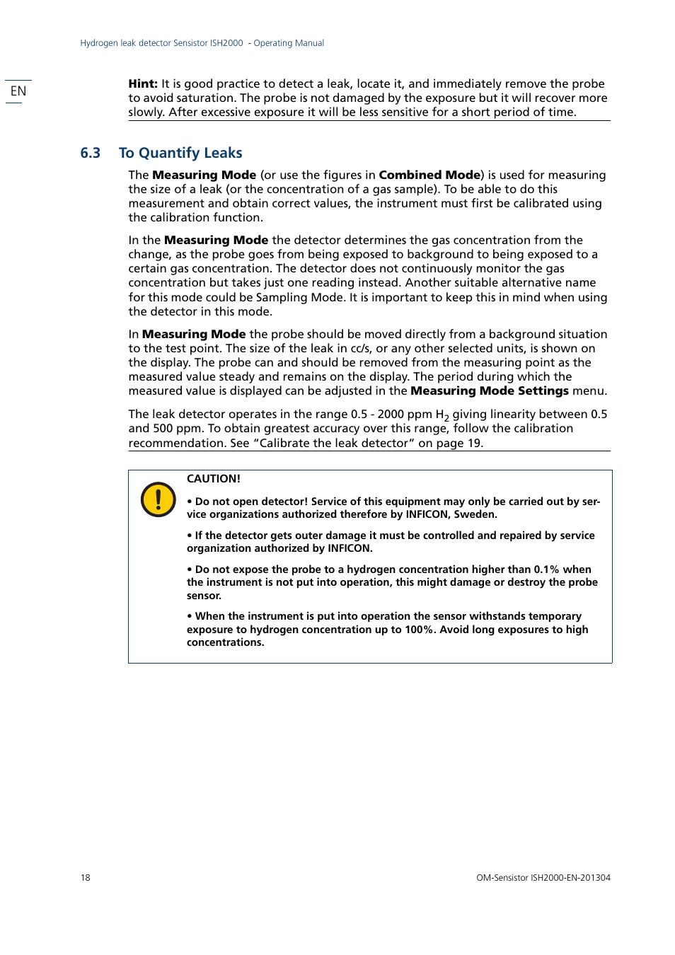 3 to quantify leaks, To quantify leaks | INFICON Sensistor ISH2000 Hydrogen Leak Detector User Manual | Page 18 / 58