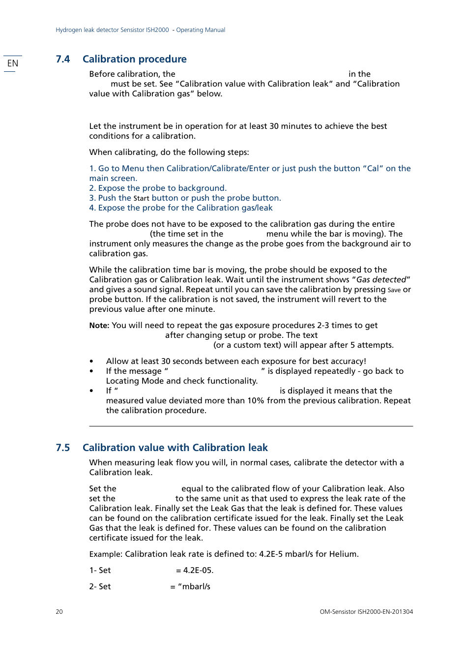 4 calibration procedure, 5 calibration value with calibration leak, Calibration procedure | Calibration value with calibration leak | INFICON Sensistor ISH2000 Hydrogen Leak Detector User Manual | Page 20 / 58