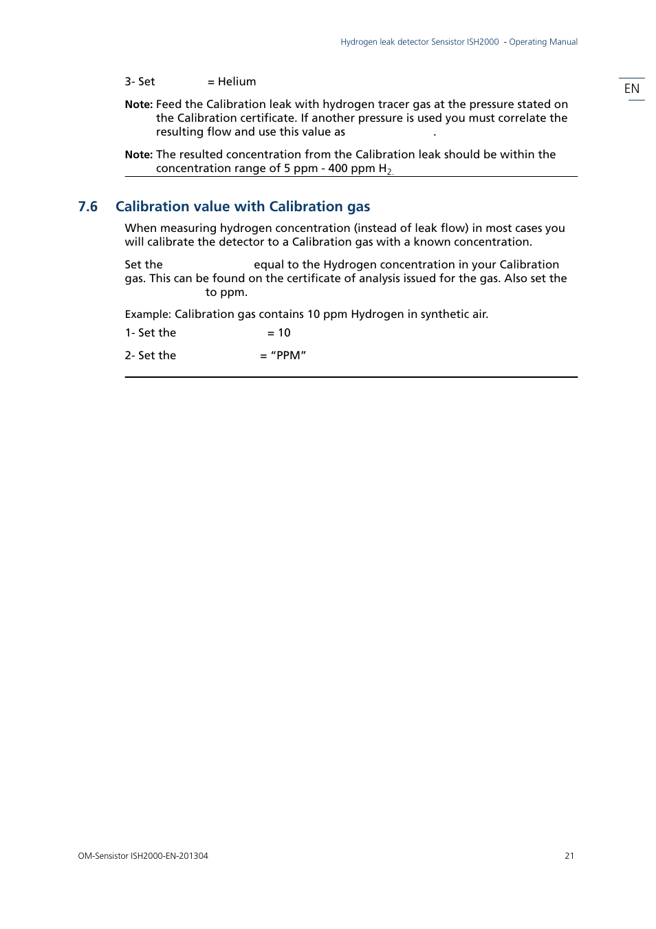 6 calibration value with calibration gas, Calibration value with calibration gas | INFICON Sensistor ISH2000 Hydrogen Leak Detector User Manual | Page 21 / 58