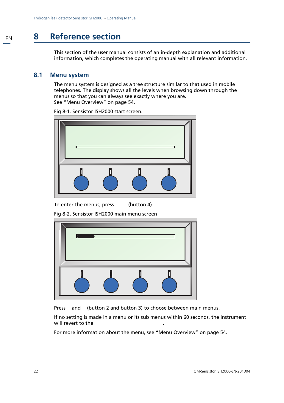 8 reference section, 1 menu system, Reference section | Menu system | INFICON Sensistor ISH2000 Hydrogen Leak Detector User Manual | Page 22 / 58