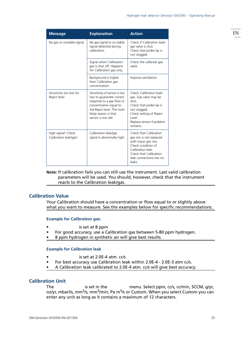 Calibration value, Calibration unit | INFICON Sensistor ISH2000 Hydrogen Leak Detector User Manual | Page 25 / 58