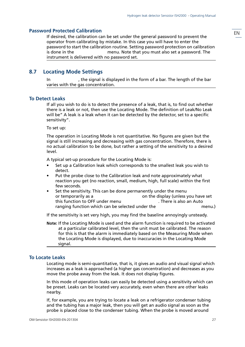 7 locating mode settings, Locating mode settings, En password protected calibration | INFICON Sensistor ISH2000 Hydrogen Leak Detector User Manual | Page 27 / 58