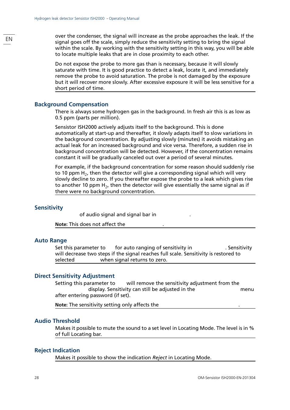 Background compensation, Sensitivity, Auto range | Direct sensitivity adjustment, Audio threshold, Reject indication | INFICON Sensistor ISH2000 Hydrogen Leak Detector User Manual | Page 28 / 58