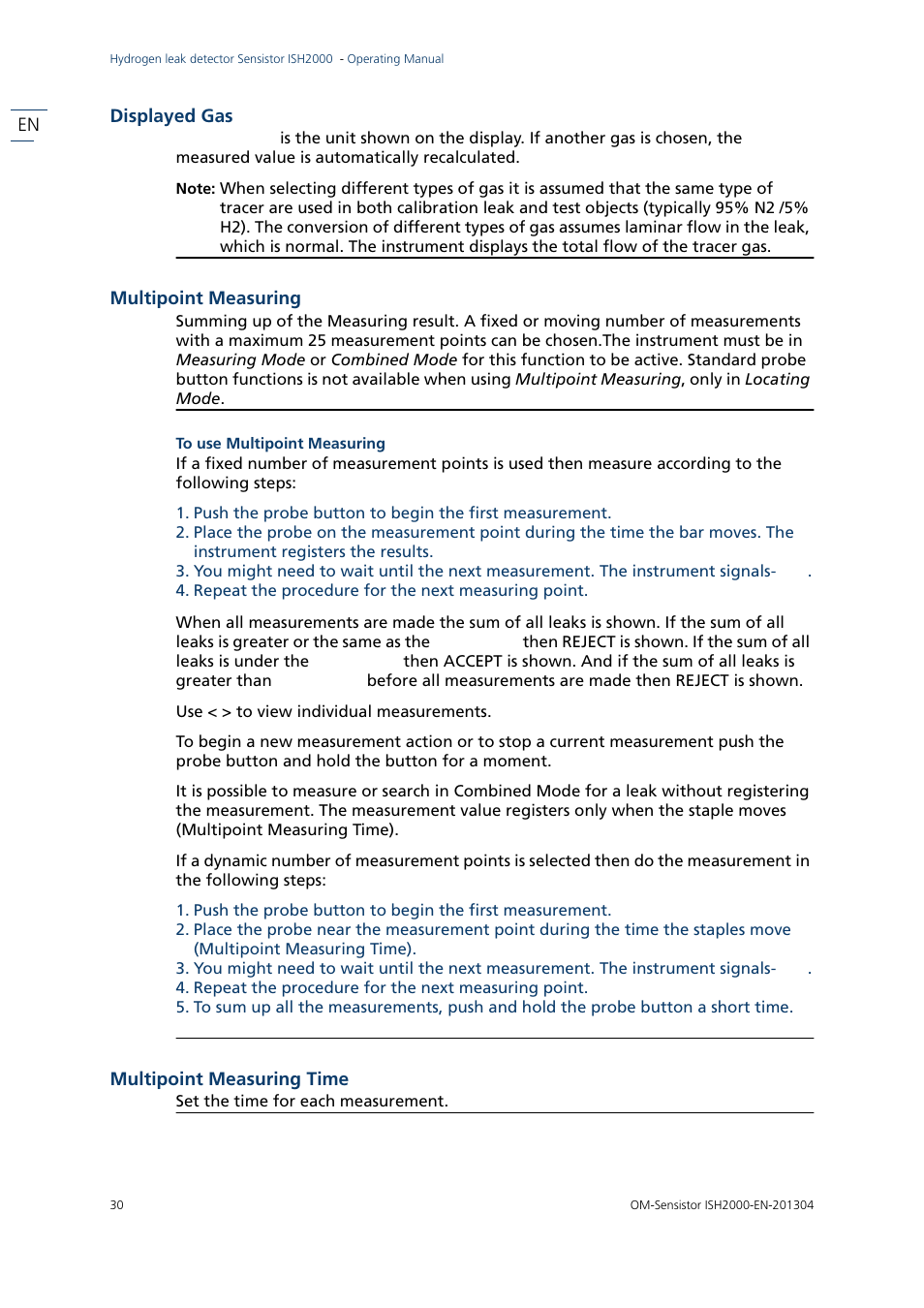Displayed gas, En displayed gas, Multipoint measuring | Multipoint measuring time | INFICON Sensistor ISH2000 Hydrogen Leak Detector User Manual | Page 30 / 58