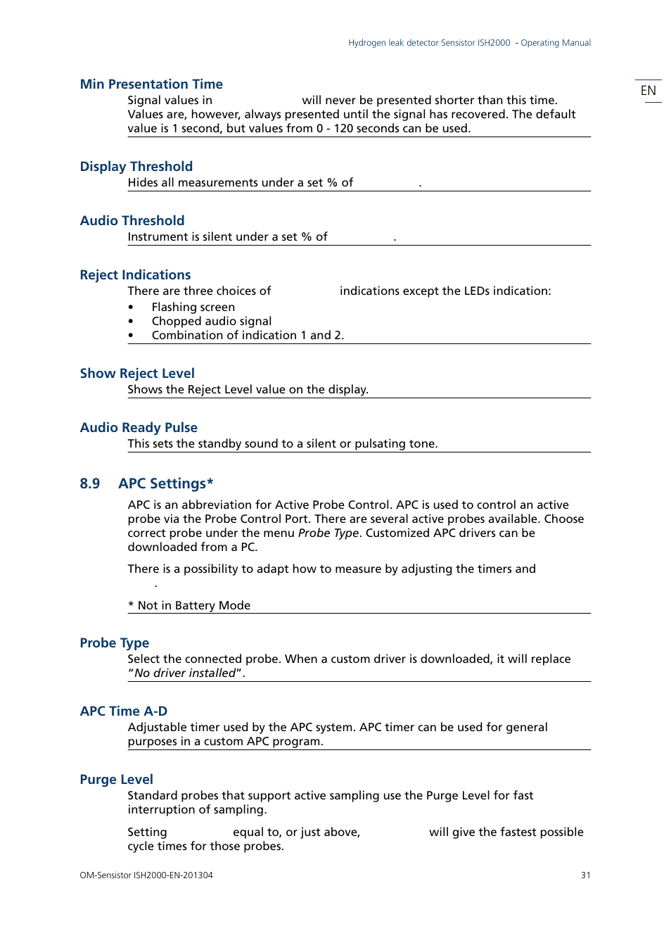 9 apc settings, Apc settings | INFICON Sensistor ISH2000 Hydrogen Leak Detector User Manual | Page 31 / 58