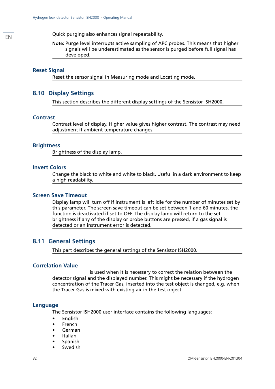 10 display settings, 11 general settings, 10 display settings 8.11 general settings | INFICON Sensistor ISH2000 Hydrogen Leak Detector User Manual | Page 32 / 58
