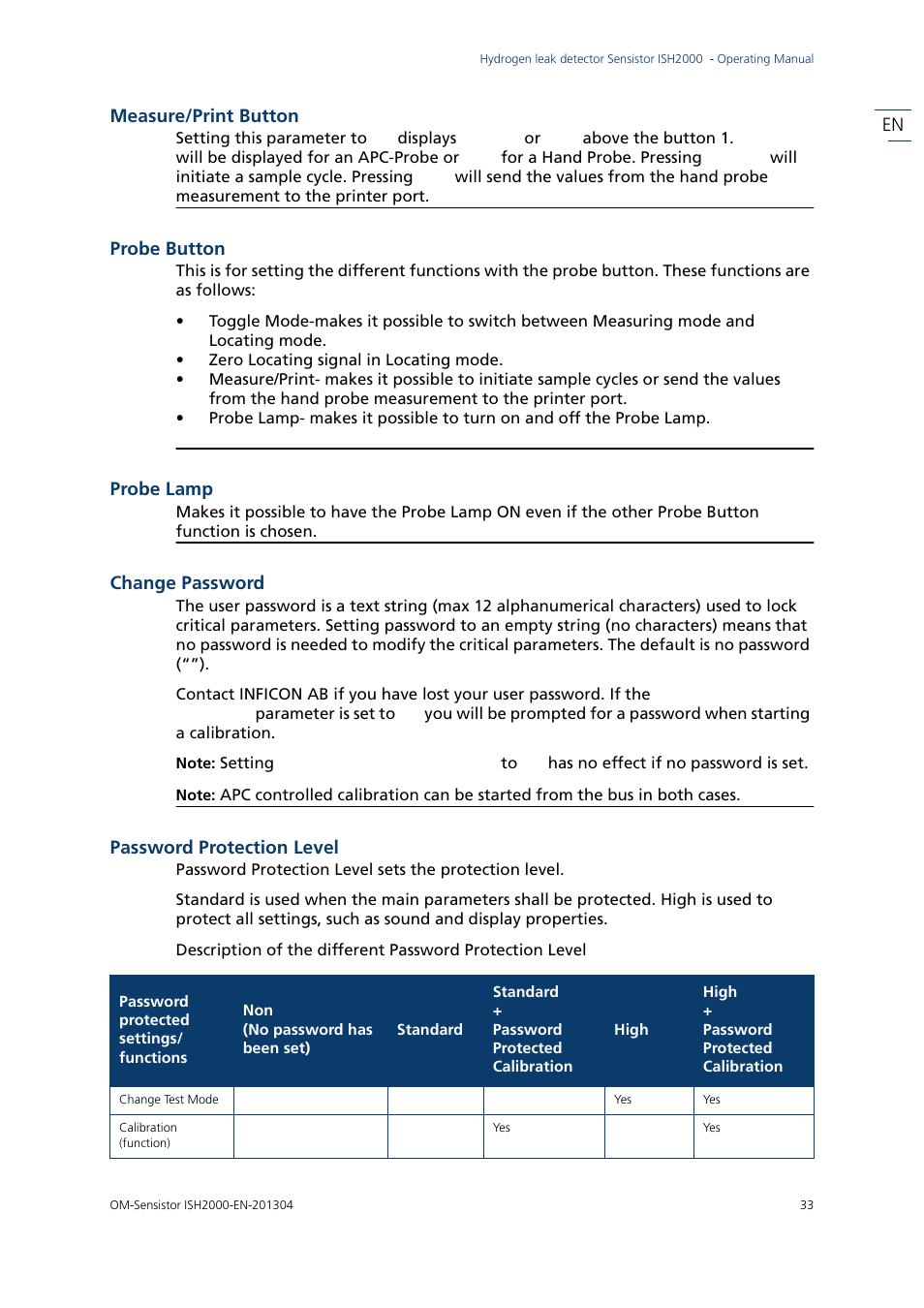 Password protection level, En measure/print button, Probe button | Probe lamp, Change password | INFICON Sensistor ISH2000 Hydrogen Leak Detector User Manual | Page 33 / 58