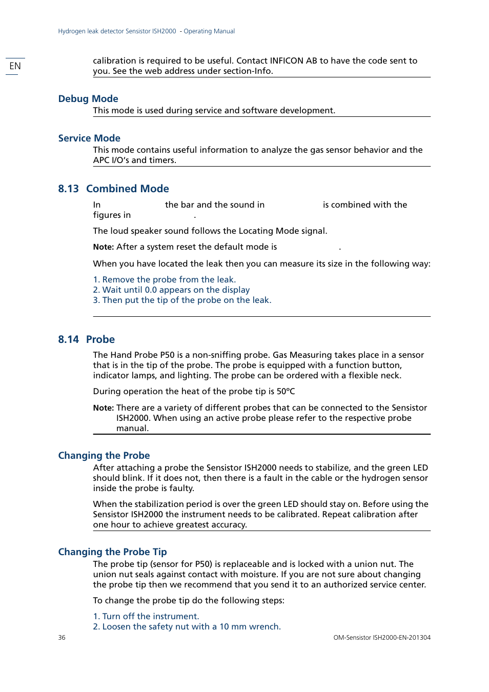 13 combined mode, 14 probe, Changing the probe | 13 combined mode 8.14 probe | INFICON Sensistor ISH2000 Hydrogen Leak Detector User Manual | Page 36 / 58