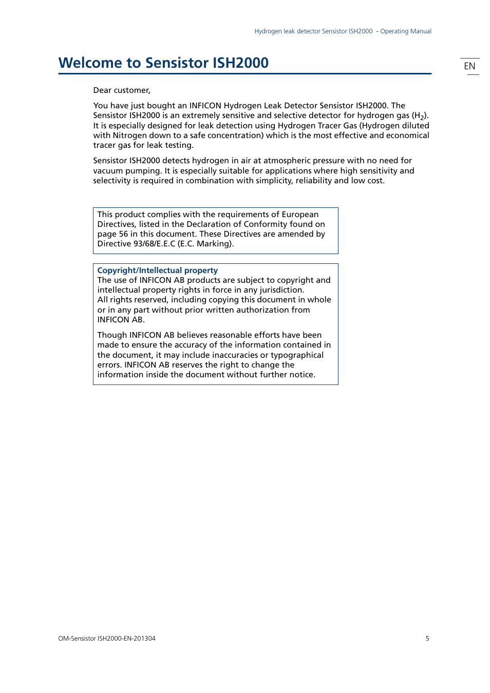 Welcome to sensistor ish2000 | INFICON Sensistor ISH2000 Hydrogen Leak Detector User Manual | Page 5 / 58