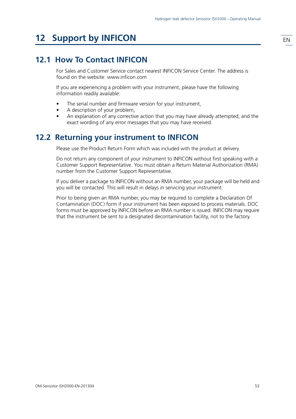 12 support by inficon, 1 how to contact inficon, 2 returning your instrument to inficon | Support by inficon | INFICON Sensistor ISH2000 Hydrogen Leak Detector User Manual | Page 53 / 58