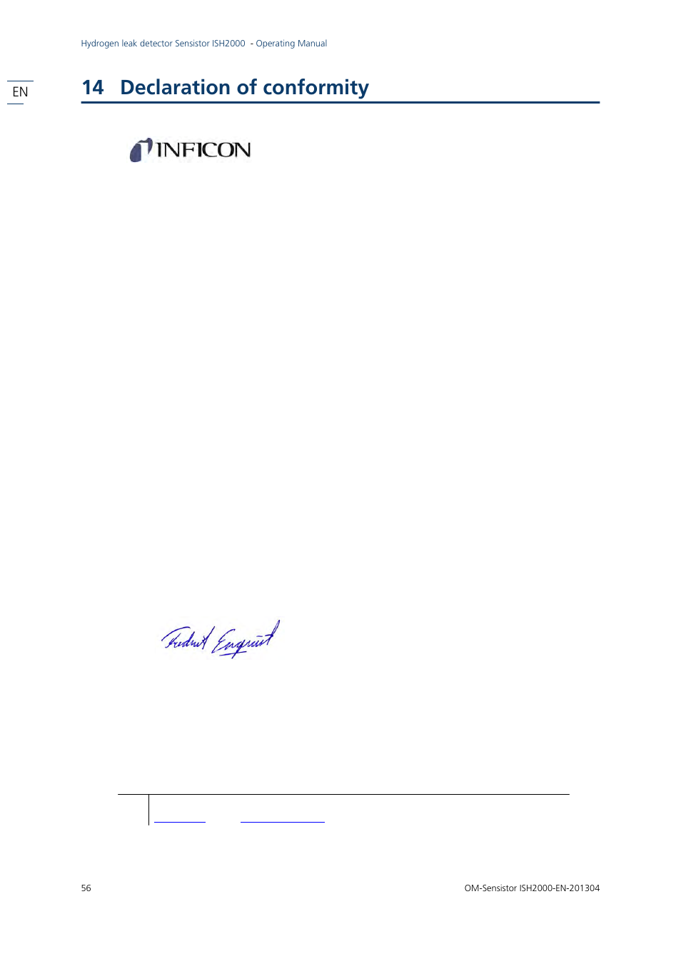 14 declaration of conformity, Declaration of conformity | INFICON Sensistor ISH2000 Hydrogen Leak Detector User Manual | Page 56 / 58