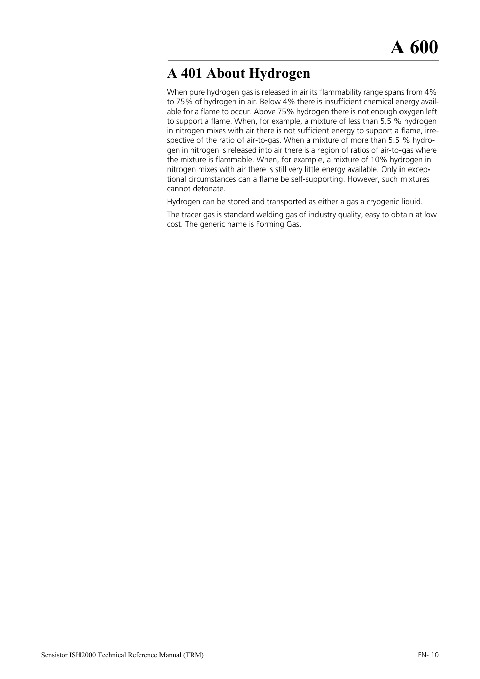A 401 about hydrogen, A 600 | INFICON Sensistor ISH2000 Hydrogen Leak Detector User Manual | Page 10 / 108