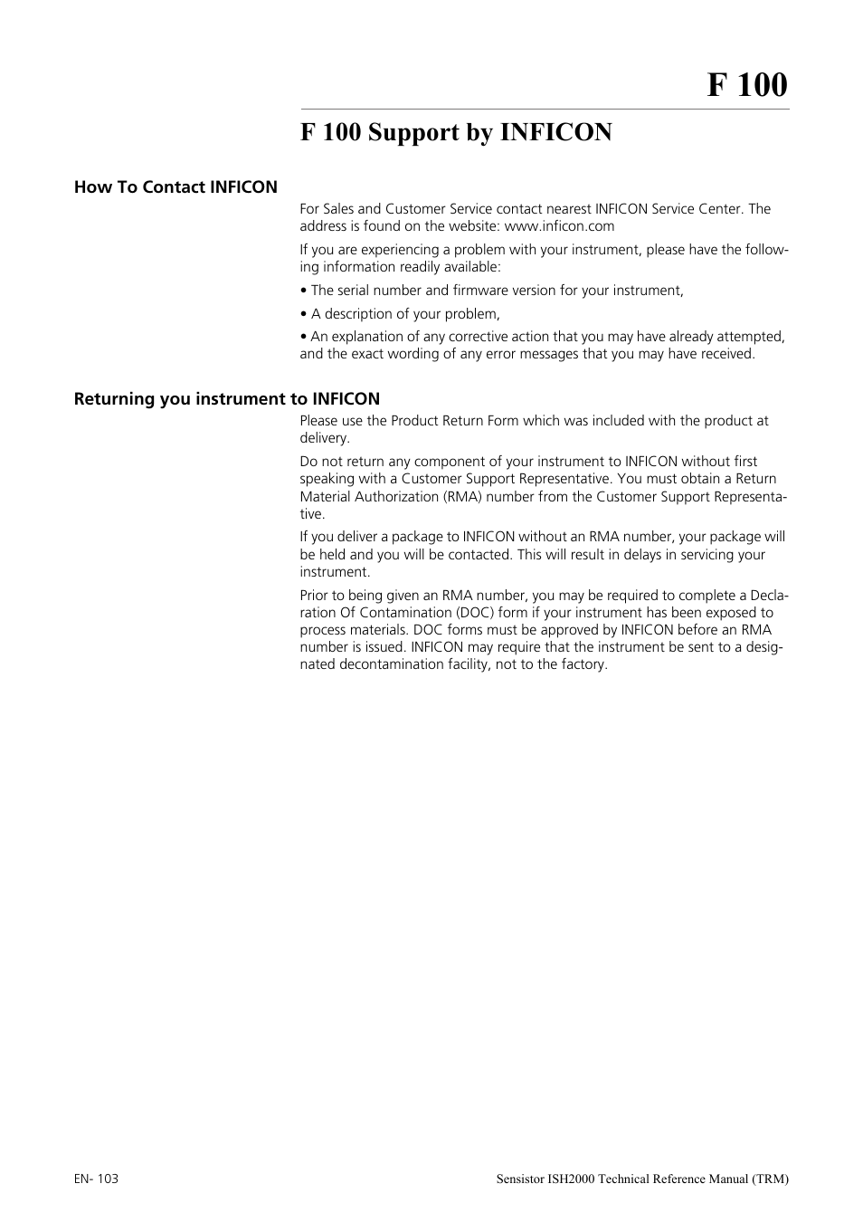 F 100 support by inficon, How to contact inficon, Returning you instrument to inficon | F 100 service, F 100 | INFICON Sensistor ISH2000 Hydrogen Leak Detector User Manual | Page 103 / 108