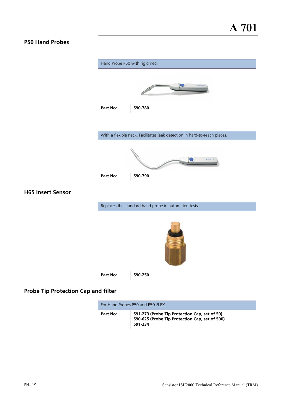 P50 hand probes, H65 insert sensor, Probe tip protection cap and filter | A 701 | INFICON Sensistor ISH2000 Hydrogen Leak Detector User Manual | Page 19 / 108