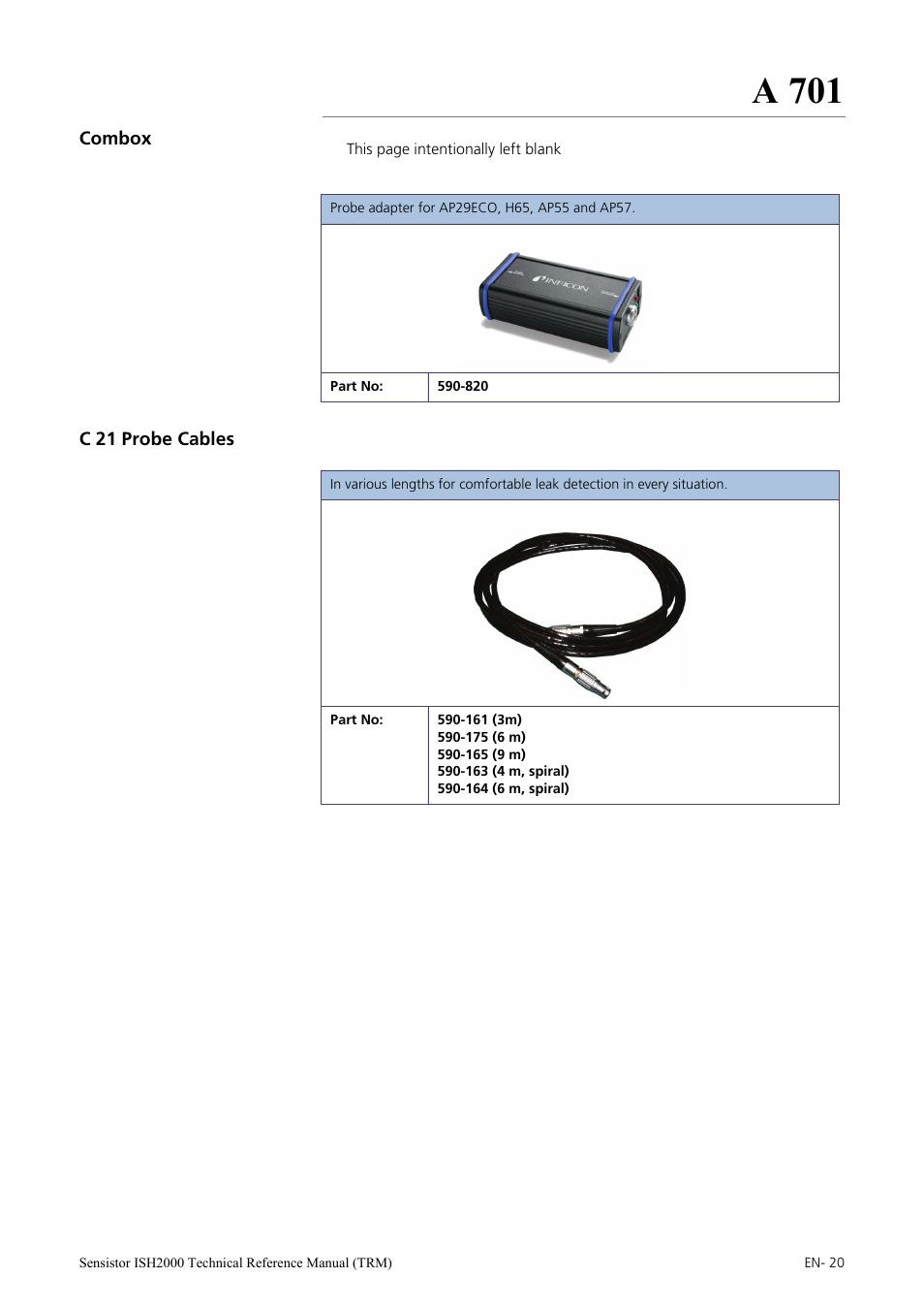 Combox, C 21 probe cables, A 701 | INFICON Sensistor ISH2000 Hydrogen Leak Detector User Manual | Page 20 / 108
