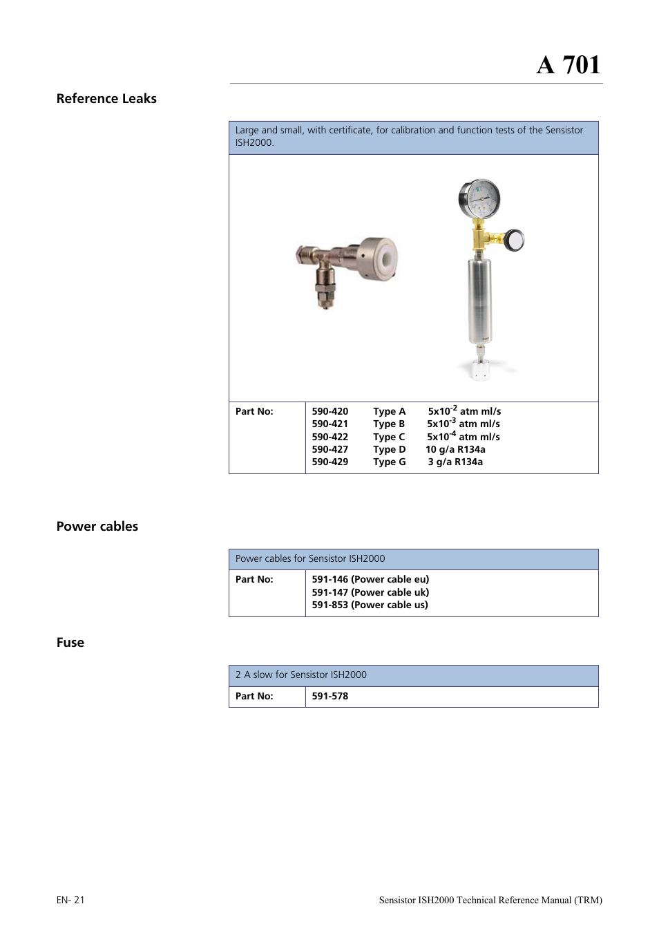 Reference leaks, Power cables, Fuse | A 701, Reference leaks power cables fuse | INFICON Sensistor ISH2000 Hydrogen Leak Detector User Manual | Page 21 / 108