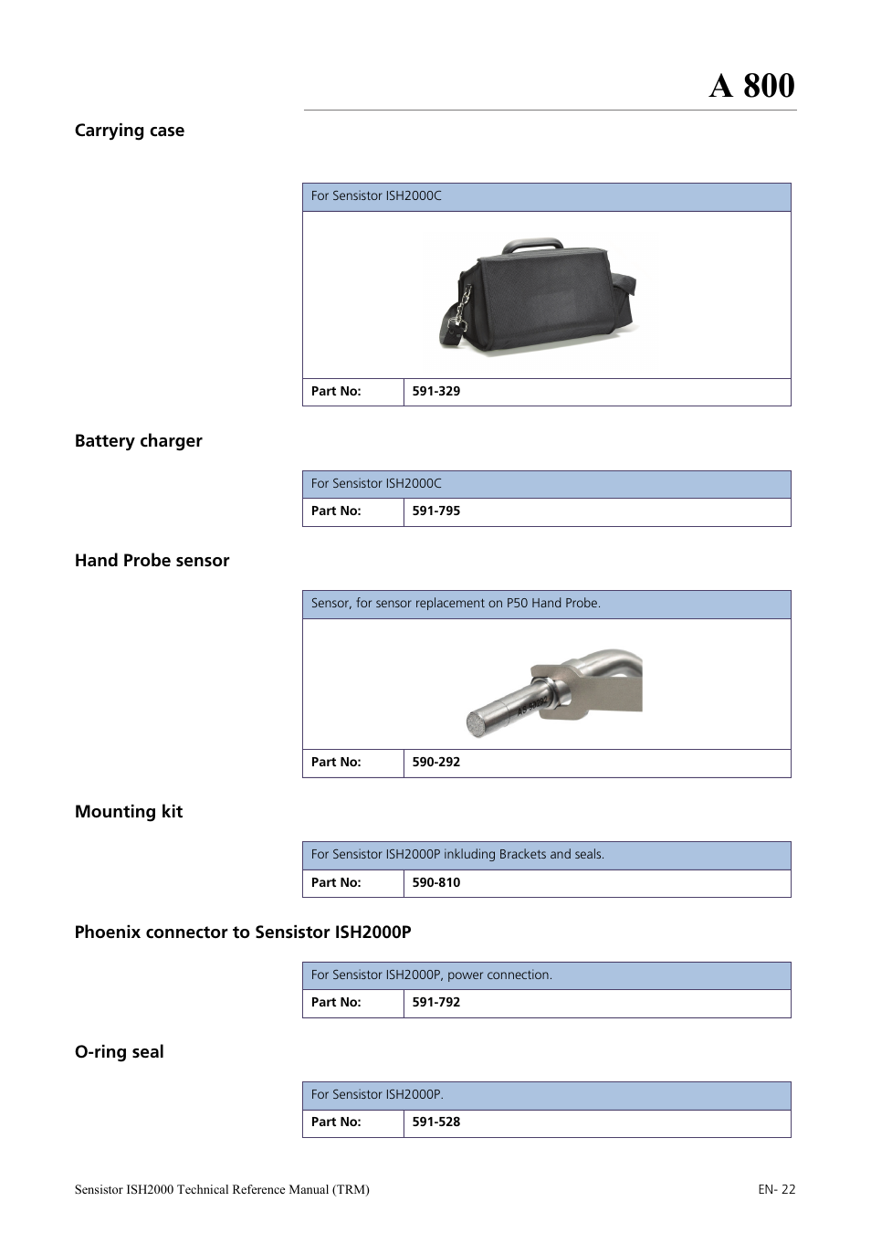 Carrying case, Battery charger, Hand probe sensor | Mounting kit, Phoenix connector to sensistor ish2000p, O-ring seal, A 800 | INFICON Sensistor ISH2000 Hydrogen Leak Detector User Manual | Page 22 / 108